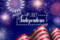 4th of July, American Independence Day celebration background with fire fireworks. Congratulations on Fourth of July. Royalty Free Stock Photo