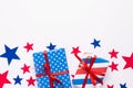 4th of July American Independence Day. Happy Independence Day. Red, blue and white star confetti, paper decorations on white Royalty Free Stock Photo