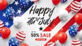 4th of July celebration, Independence day USA sale promotion banner template. American balloons flag typography, vector Royalty Free Stock Photo