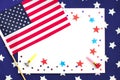4th of July. Concept for Independence Day with red and blue paper stars confetti and flag in national American colors.