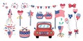 4th of July decorative elements designed in red, white, blue tones, doodle style Royalty Free Stock Photo