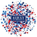 4th of July festive poster with scatter stars in traditional American colors - red, white, blue. Isolated