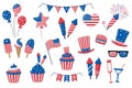 4th July festive vector big set isolated on white background. USA Independence Day elements with American flag, sweets, balloons, Royalty Free Stock Photo