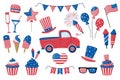 4th July festive vector big set isolated on white background. USA Independence Day elements with red truck, American flag, sweets