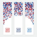 4th July festive vertical banner set with scattered papers. USA Independence Day design kit in traditional American colors - red,