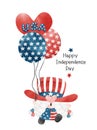 4th of July Gnome Patriotic holding balloons America Independence day cartoon watercolor illustration vector