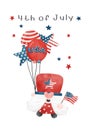 4th of July Gnome Patriotic holding festive balloons America Independence day cartoon watercolor illustration vector