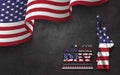 4th of July happy independence day of america background . Statue of liberty with text and waving american flag at corner on