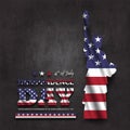 4th of July happy independence day of america . Statue of liberty with text and waving american flag . Chalkboard background . Royalty Free Stock Photo