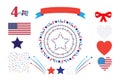 4th of July Happy Independence Day symbols icons set Patriotic American flag, stars fireworks confetti balloons ribbon banner