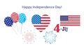 4th of July Happy Independence Day symbols icons set Patriotic American flag, stars fireworks confetti balloons ribbon banner Royalty Free Stock Photo