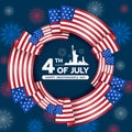 4th of july, happy independence day - Text and cityscape of usa symbol in circle frame with usa flags curve wave on dark blue Royalty Free Stock Photo
