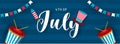 4th Of July header or banner design with illustration of uncle sam hat, drum and bunting flags.