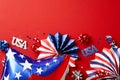 4th of July Independence Day American flag color balloons and decorations on red background Royalty Free Stock Photo