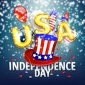 4th of July - Independence Day celebration background with hat, balloons, American flag and balloon letters. Vector 3d Royalty Free Stock Photo