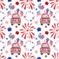 4th of July Independence day seamless pattern with watercolor patriotic car, red, white and blue balloons, fireworks, stars Royalty Free Stock Photo