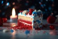 4th July Independence day slice of cake with red, blue and white colors and star sprinkles. Generative AI Royalty Free Stock Photo