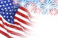 4th of july - Independence Day of USA. American national flag and fireworks on white background, space for design Royalty Free Stock Photo