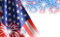 4th of july - Independence Day of USA. American national flag and fireworks on white background, space for design Royalty Free Stock Photo