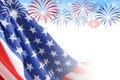 4th of july - Independence Day of USA. American national flag and fireworks on white background, space for design Royalty Free Stock Photo