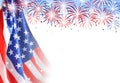 4th of july - Independence Day of USA. American national flag and fireworks on white background, space for design Royalty Free Stock Photo