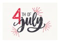 4th of July lettering written with elegant cursive font and decorated with fireworks. American Independence Day festive