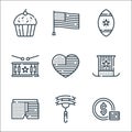 Th of july line icons. linear set. quality vector line set such as dollar, sausage, shorts, usa, heart, drum, rugby ball