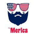 4th of July, Man with moustache, beard. Face of bearded man in glasses with American Flag for Independence Day