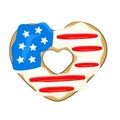 4th of July. National Donut Day. Independence Day. Doughnut in the shape of the heart in colors of USA flag. Cartoon