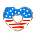 4th of July. National Donut Day. Independence Day. Doughnut in the shape of the heart in colors of USA flag. Cartoon