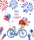 4th of july patriotic bicycle. Watercolor blue bike with US flags, red, white and blue balloons and poppy, isolated. Holiday card Royalty Free Stock Photo