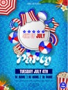 4th of july pool party poster. american independence background with inflatables on pool water