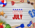 4th of july poster. american independence background with beach elements on wooden background