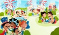 4th of July poster with celebrating people. Vector illustration in carton flat style