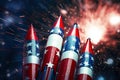 4th of July Rockets Celebration, Fireworks in USA in Patriotic Colors. Generative ai Royalty Free Stock Photo