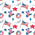 4th of july seamless pattern. Patriotic american holiday watercolor fabric texture in red and blue colors. Independence day of Ame Royalty Free Stock Photo