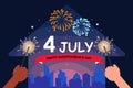 4th of July with U.S. America background.Independence Day.Flat style Vector Illustration.Patriotic holiday.Silhouettes of people Royalty Free Stock Photo