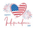 4th of July, United Stated Independence day text Banner with USA Flag in heart shape and fireworks. American national holiday. Royalty Free Stock Photo