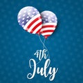 4th of July United States Independence day celebration banner with balloons in American flag style on a blue background with stars Royalty Free Stock Photo