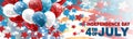 4th of July United States national Independence Day celebration banner with blue, red, and white balloons, confetti, stars Royalty Free Stock Photo