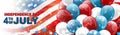 4th of July United States national Independence Day celebration banner with blue, red, and white balloons, confetti, stars Royalty Free Stock Photo