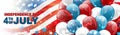 4th of July United States national Independence Day celebration banner with blue, red, and white balloons, confetti, stars, and Am Royalty Free Stock Photo