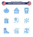 4th July USA Happy Independence Day Icon Symbols Group of 9 Modern Blues of celebrate; american; frise; usa; bag