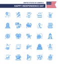 4th July USA Happy Independence Day Icon Symbols Group of 25 Modern Blues of cola; shop; chips; packages; bag