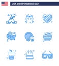 4th July USA Happy Independence Day Icon Symbols Group of 9 Modern Blues of country; football; flag; american; map