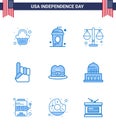 4th July USA Happy Independence Day Icon Symbols Group of 9 Modern Blues of hat; usa; independece; hand; scale