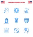 4th July USA Happy Independence Day Icon Symbols Group of 9 Modern Blues of usa; ring; award; ball; drink