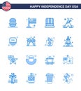 4th July USA Happy Independence Day Icon Symbols Group of 16 Modern Blues of shield; american; hat; camp; tent free