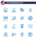 4th July USA Happy Independence Day Icon Symbols Group of 16 Modern Blues of united; flag; icecream; grill; barbecue