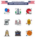 4th July USA Happy Independence Day Icon Symbols Group of 9 Modern Flat Filled Lines of american; file; washington; united; sport